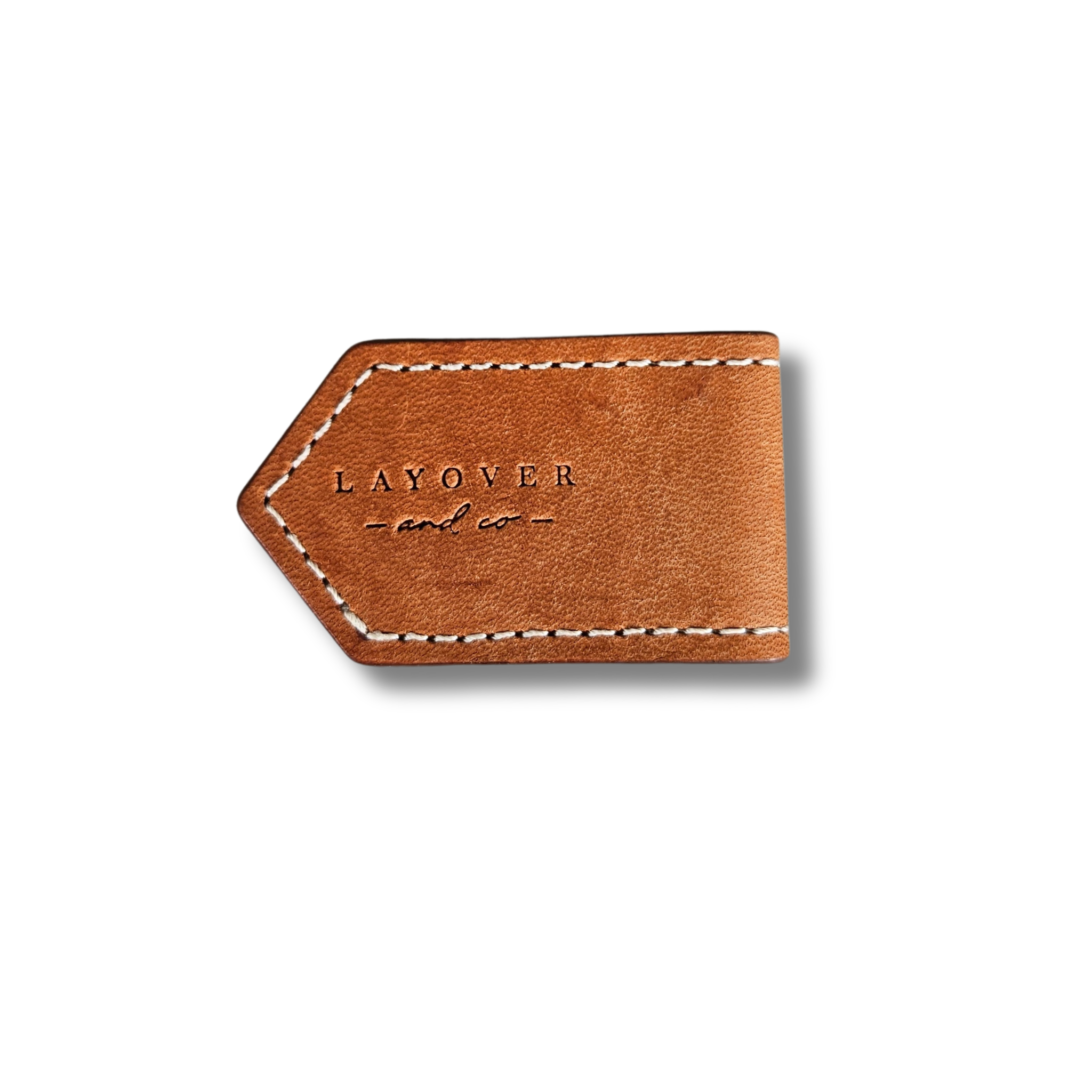 Side view of leather bookmarks in brown with an embossed logo, smooth texture, rounded edges, fine stitching, and minimalist design.