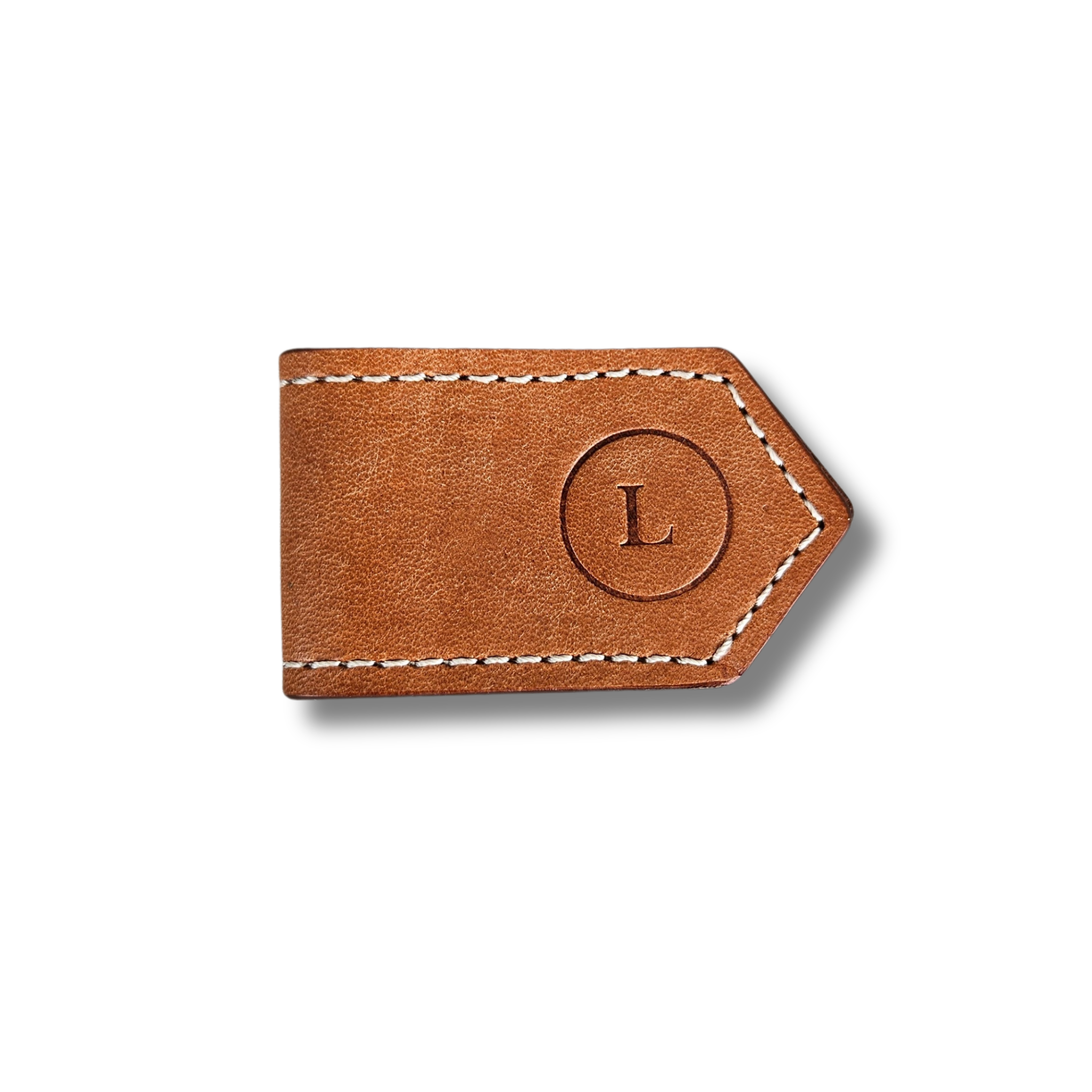 Back view of leather bookmarks in browon with an embossed logo, smooth texture, rounded edges,fine stitching, and minimalist design.