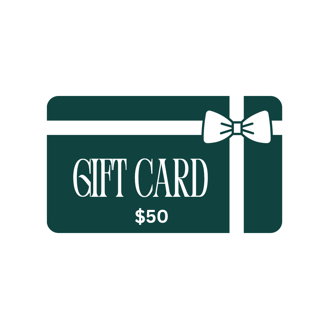 A dark green gift card icon featuring a white ribbon and bow design, with the words "GIFT CARD" in bold white letters centered on the card. This design represents available denominations of $50.
