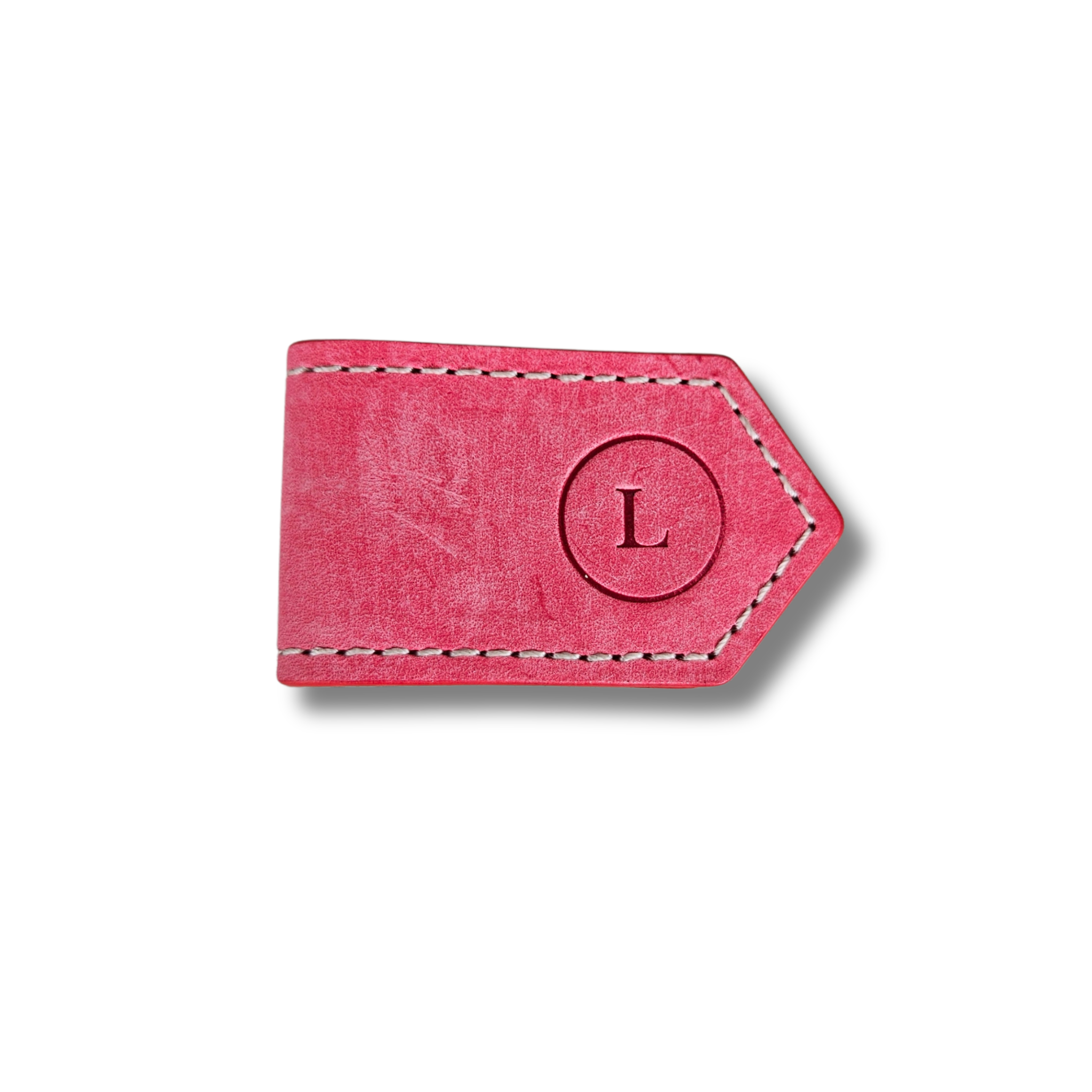 Back view of leather bookmarks in pink with an embossed logo, smooth texture, rounded edges, fine stitching, and minimalist design.