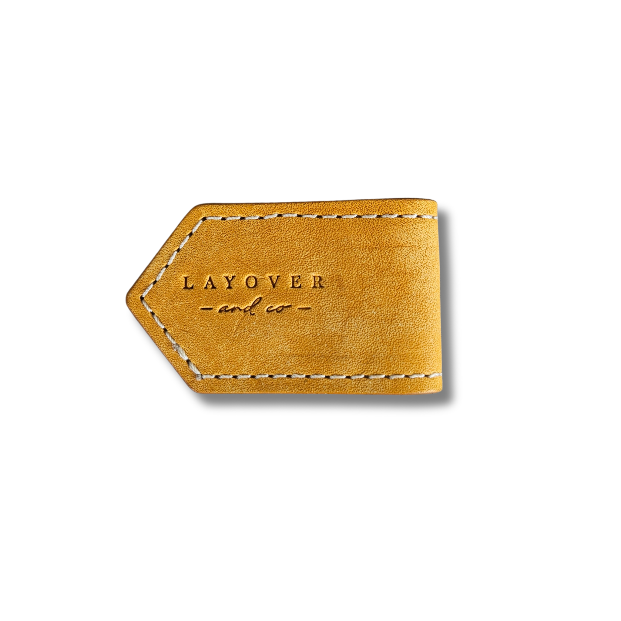 Side view of leather bookmarks in yellow with an embossed logo, smooth texture, rounded edges, fine stitching, and minimalist design.