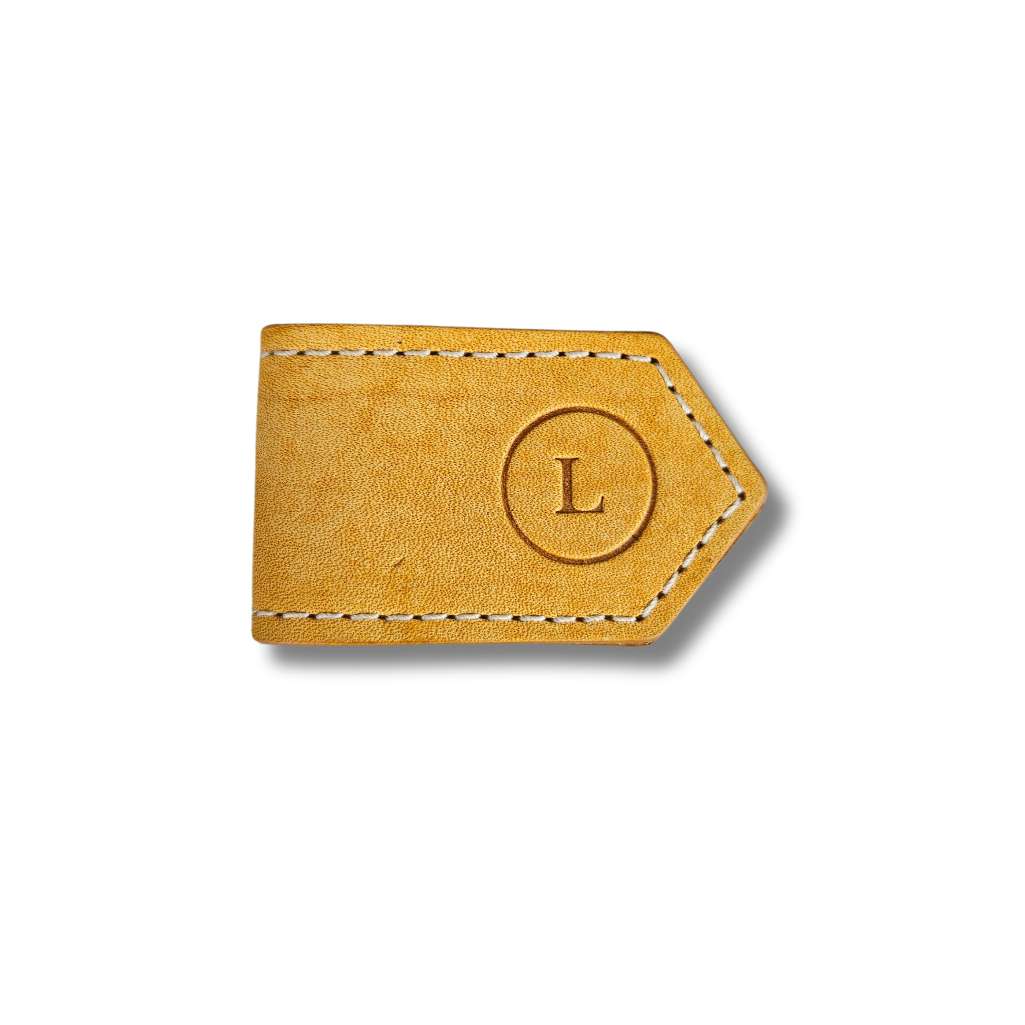 Back view of leather bookmarks in yellow with an embossed logo, smooth texture, rounded edges, fine stitching, and minimalist design. 