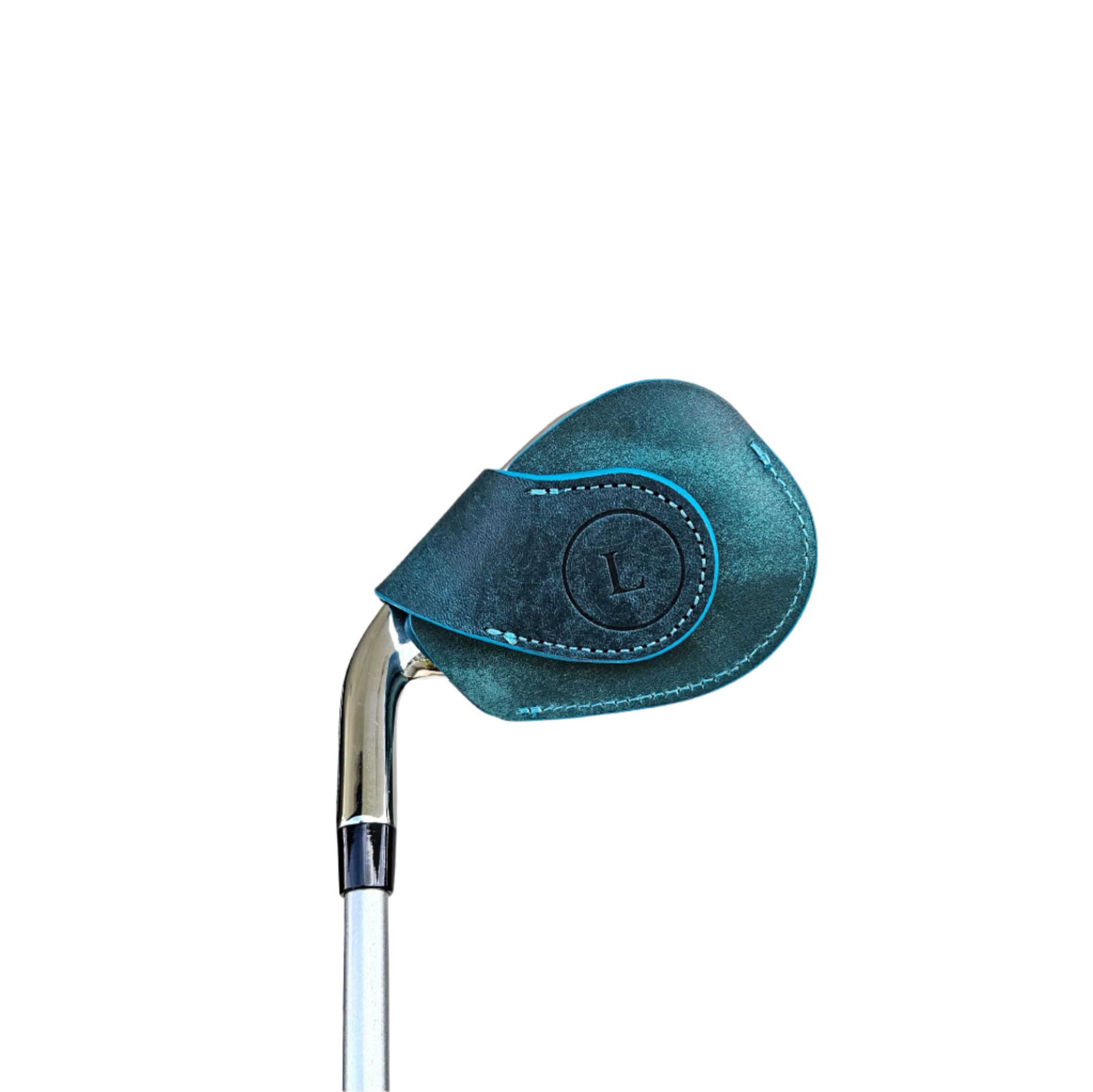 Studio shot of leather magnetic golf iron covers in emerald green neatly arranged to showcase their smooth texture, precise stitching, and minimalist design under soft lighting.