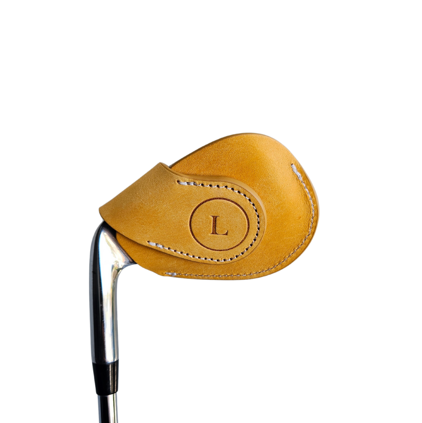 Studio shot of leather magnetic golf iron covers in yellow neatly arranged to showcase their smooth texture, precise stitching, and minimalist design under soft lighting.